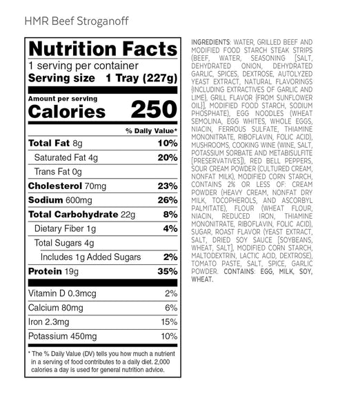 Pre-packaged 19g 8oz Pack 6 HMR Beef Stroganoff with Noodles Entre | Lunch or Dinner | Ready to Eat | of Protein | Low