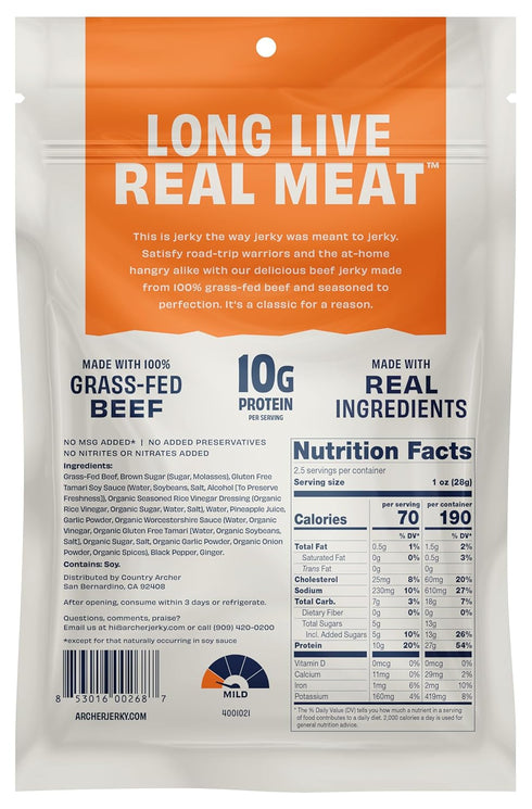 Pack, 2.5 oz (Pack 4) Archer Jerky Grass Fed Beef Jerky - Beef Snack Teriyaki Flavored, Bulk Individual Protein Snack