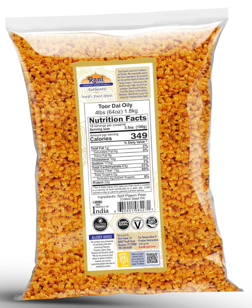 64oz (4lbs) 1.81kg Rani Toor Dal (Split Pigeon Peas) Oily, Bulk ~ All Natural | Gluten Friendly | NON-GMO | Vegan |
