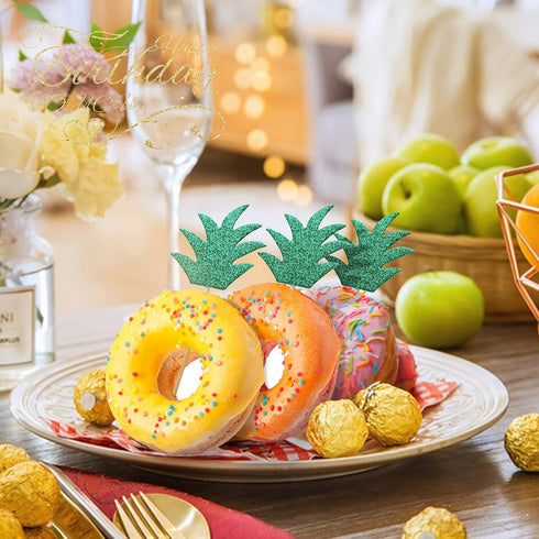 48PCS Pineapple Cupcake Donut Cake Toppers, Cute Picks for Summer Tropical Hawaiian Party Cake Decorations
