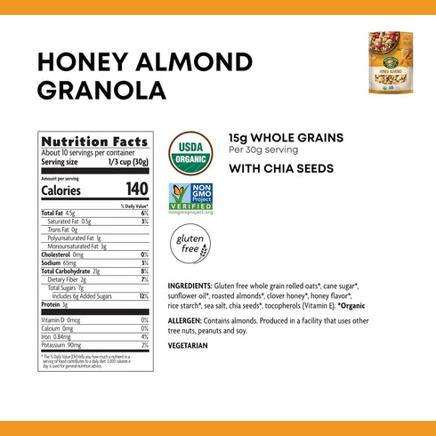 11 (Pack 5), 15g Omega-3 Nature's Path Organic Gluten Free Honey Almond Granola, Ounce of Non-GMO, Whole Grains