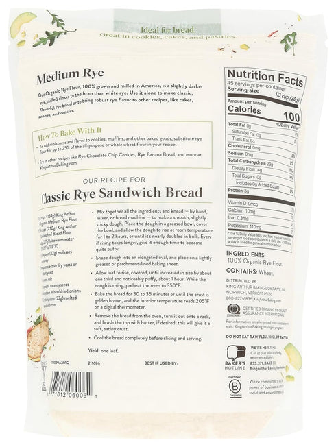 3 lbs 100% King Arthur Organic Medium Rye Flour - for Complex Flavorful Breads & Baked Goods - US Grown & Milled