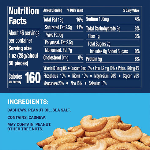 46 oz PLANTERS Cashew Halves & Pieces, Resealable Canister - Roasted in Peanut Oil - Convenient Size Snack - Kosher