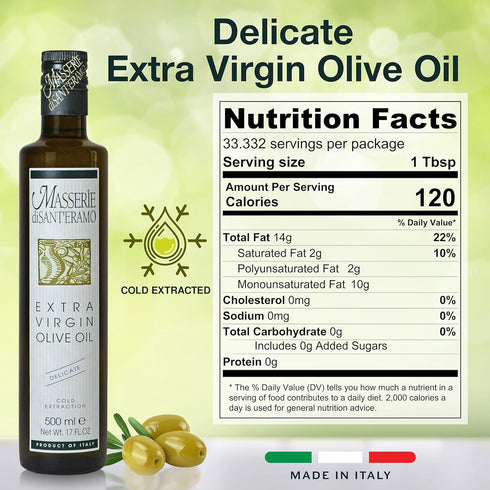 16.9 Oz (Pack 1) Masserie di Sant'Eramo Delicate Italian Extra Virgin Olive Oil Cold Pressed - Light Olive Oil
