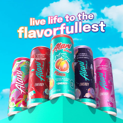 200mg 10 12 Oz 24 Pack Alani Nu JUICY PEACH, Sugar Free, Low Calorie Energy Drinks, Caffeine, Biotin, B Vitamins, Zero