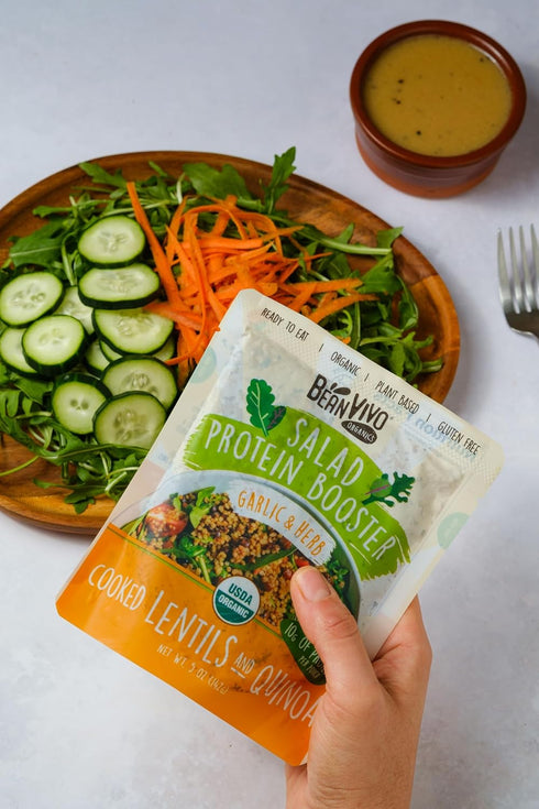 3-Pack 10g protein-packed 5oz BeanVIVO Salad Protein Booster - Organic cooked Lentils & Quinoa with Garlic & Herbs