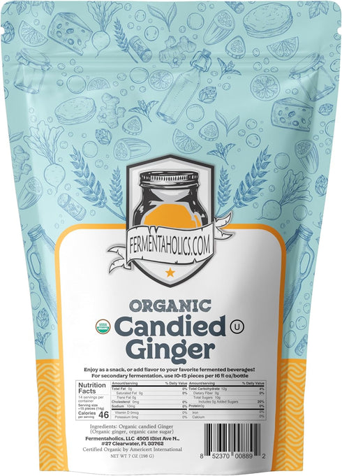 Fermentaholics USDA Certified Organic Dried Candied Ginger, 7 oz for Secondary Fermentation & Kombucha Flavoring