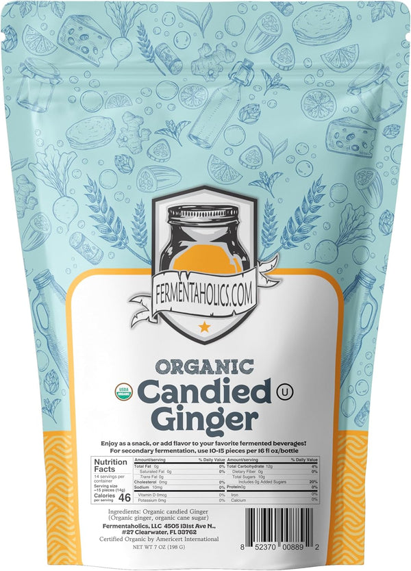 Fermentaholics USDA Certified Organic Dried Candied Ginger, 7 oz for Secondary Fermentation & Kombucha Flavoring