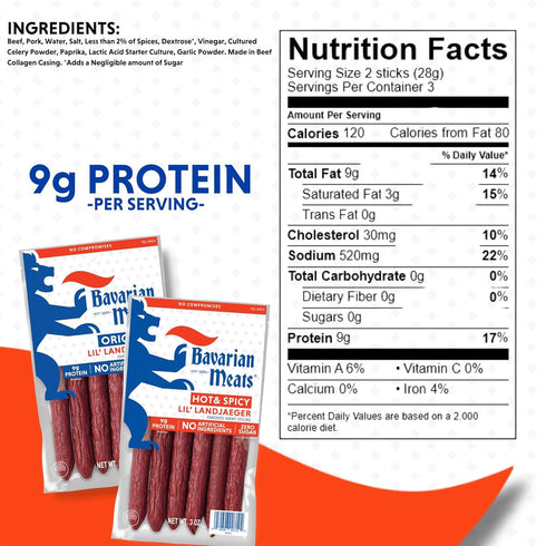 3 (Pack 6) Bavarian Meats Hot & Spicy Lil' Landjaeger Meat Sticks, Smoked Sausage Protein Snacks, Zero Sugar, Great