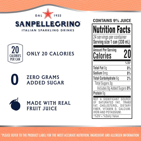 11.15 Oz (Pack 24) Sanpellegrino Zero Grams Added Sugar Italian Sparkling Drinks, Sparkling Peach Clementine Beverage