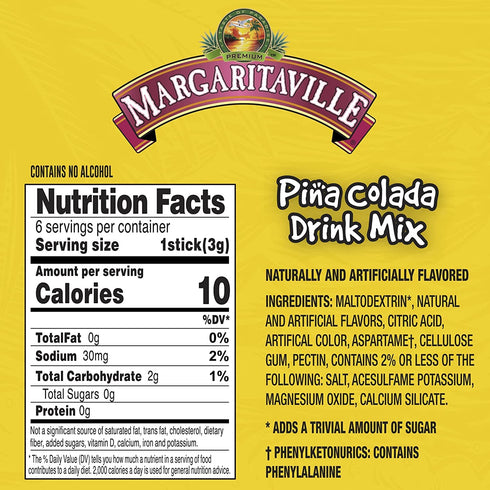 Margaritaville Pack 6) Singles To Go Water Drink Mix - Margarita Flavored, Non-Alcoholic Powder Sticks (Pina Colada
