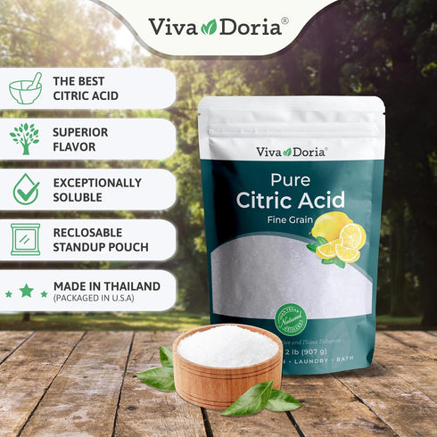100% 2 lb (907 Viva Doria Pure Citric Acid, Food Grade, Fine Grain, g)