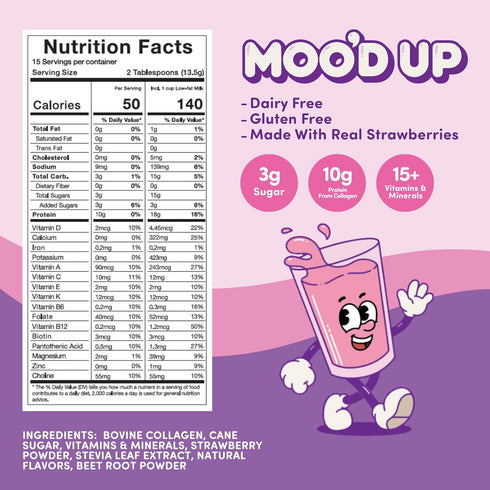 Moo'd Up (10g) 15 Mood Up Strawberry Milk Mix Low Sugar, High Protein Made with Real Strawberries, Dairy-Free, No