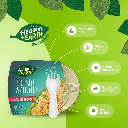 5.64oz (4 Pack) Heaven & Earth Ready to Eat Tuna Salad with Quinoa, | Great Source of Nutrients | Travel Friendly Meals