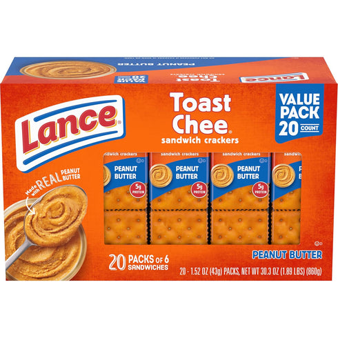 Lance Sandwich Crackers, ToastChee Peanut Butter, 20 Individually Wrapped Packs, 6 Sandwiches