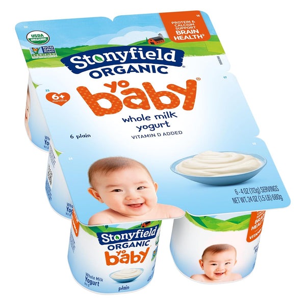 Stonyfield Organic YoBaby Whole Milk Baby Yogurt Cups with Probiotics, Plain, 4 Oz, 6