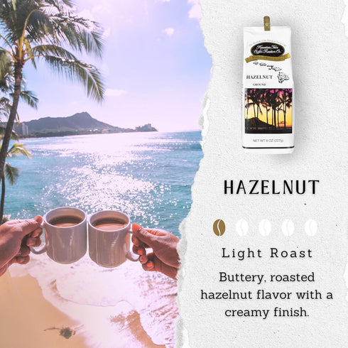 8 Hawaiian Isles Coffee Hazelnut Flavored, Light Roast Ground Coffee, Roasted with Aloha - Ounce Bag