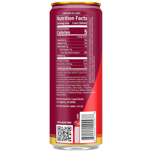 100mg, 12 Oz (Pack 12) Liquid Death Sparkling Energy - Murder Mystery (Cherry, Cream, Spice), Zero Sugar Energy Drink