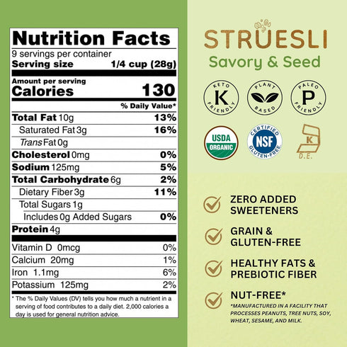 9 Oz Struesli Savory & Seed Organic Granola, Nut, Grain & Gluten Free, Healthy Snacks with Pumpkin, Sunflower & Chia
