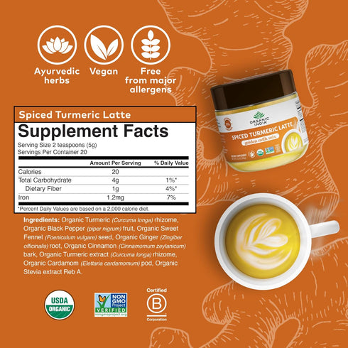 3.52 Oz Organic India Spiced Turmeric Latte Powder - Golden Milk Mix, Authentic Blend, Gold Tea Drink, With Ginger