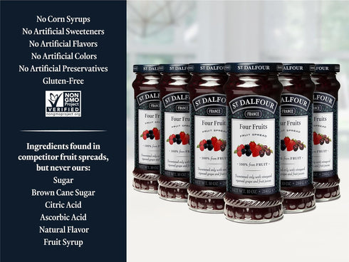 6 Pack, 100% 10 oz St. Dalfour Four Fruits Spread from Fruit, No Cane Sugars, No Corn Syrups, Jars
