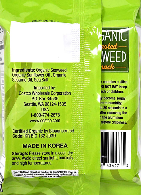 KIRKLAND 0.6 (10 Count) (2 Pack) Signature Organic Roasted Seaweed Snack, Ounce