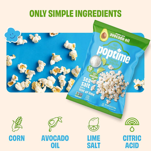 1 oz Pack 24 Poptime Sea Salt Popcorn with a Hint of Lime, Individual Snack Bags, Kettle Cooked Popcorn Made