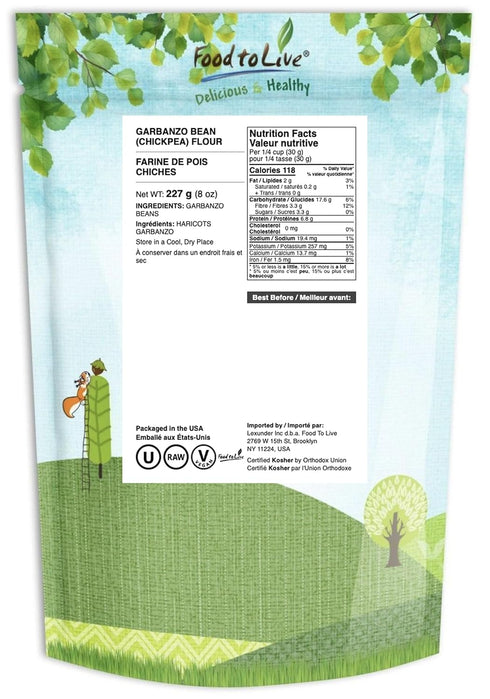 8 Food to Live Garbanzo Bean Flour, Ounces Finely Milled Chickpea Flour, Raw, Vegan, Kosher, Bulk, Good Source