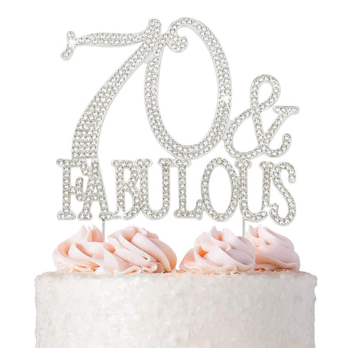 70th Birthday Party Cake Topper - Premium Silver Metal, Sparkly Rhinestone Decoration, 70 and Fabulous, Great