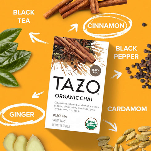 16 TAZO Organic Chai Black Tea Bags, Caffeinated tea, Total Bags