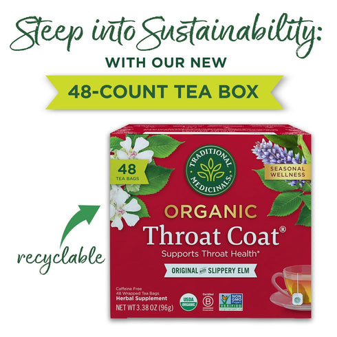 48 Traditional Medicinals Organic, Throat Coat Tea, Original with Slippery Elm - Supports Throat Health - Kosher