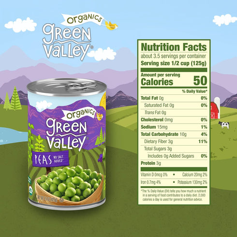 15 oz (Pack 4) Green Valley Organics Peas | Certified Organic | Deliciously Succulent, Creamy Sweet | can