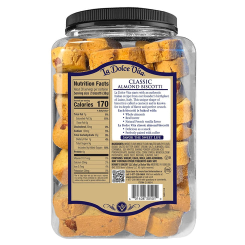 40 oz La Dolce Vita Classic Almond Italian Biscotti Cookies, Gourmet Coffee & Tea Dipping Snack, Jar