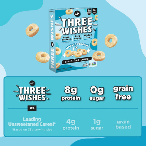 8g 3g 6-Pack Three Wishes Grain-Free Protein Breakfast Cereal - Protein and Fiber - Healthy, Zero-Sugar Breakfast