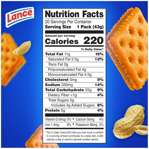 20 Packs, 6 Lance Sandwich Crackers, ToastChee Peanut Butter, Individually Wrapped Sandwiches Each