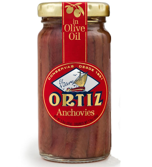 Ortiz Anchovies in Extra Virgin Olive Oil, 3.3oz Glass Jar - Firm Buttery Fillets, Wild Caught in Spain