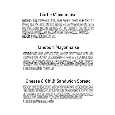 Veeba 250 250 275 Pack 3 Garlic Mayonnaise g Tandoori Mayonnaise g & Cheese & Chilli Sandwich Spread g