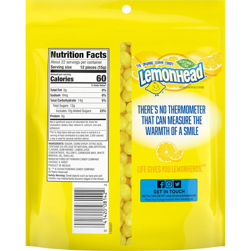12 oz Lemonhead Hard Lemon Candy, Refreshingly Citrus, Resealable Bag