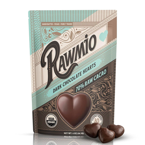 Rawmio Dark Chocolate Hearts, 70% Cacao - 2 Oz - Raw, Organic,