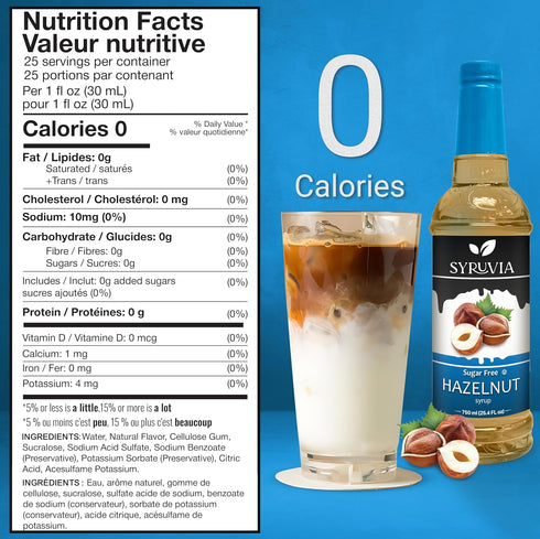 25.4 oz 0 Syruvia Sugar-Free Hazelnut & Sugar-Free Pistachio Syrup - fl Premium Coffee Flavoring Syrup. Calories