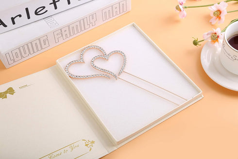 LOVENJOY Gift-Boxed Double Hearts Cake Topper, Rose Gold with Crystal Rhinestones