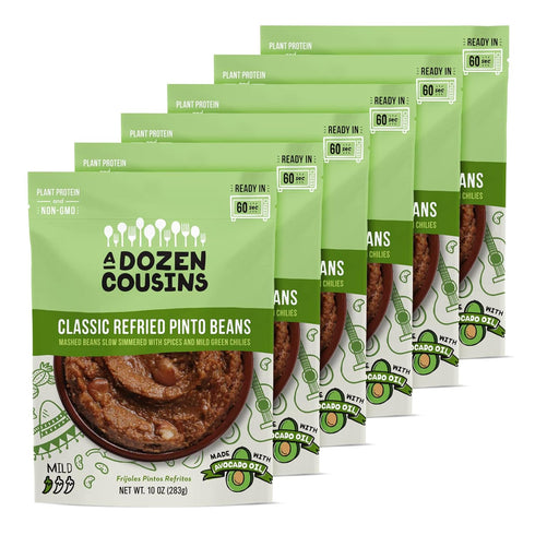 A Dozen Cousins Vegan Refried Pinto Beans 6pk, Seasoned Healthy Microwave Beans