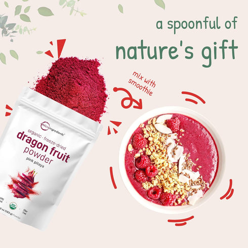 Organic Dragon Fruit Powder, 10oz, 100% Natural, Freeze-Dried Pink Pitaya, Non-GMO & Vegan Friendly