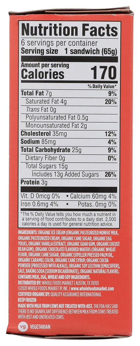 365 by Whole Foods Market 6 Count, 21.9 Oz , Ice Cream Sandwiches Organic Fl