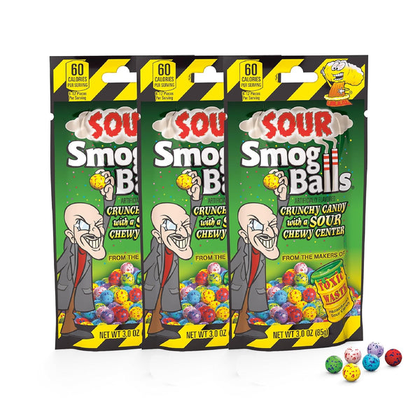 TOXIC WASTE - Sour Smog Balls - Crunchy & Chewy Sour Balls - Lime, Cherry, Strawberry, Lemon, Blue Raspberry, & Grape