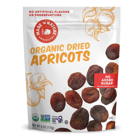 6 (Pack 6) Made In Nature Organic Dried Apricots, Ounce of Vegan Snack, Non-GMO, Unsulfured, Gluten Free, Kosher