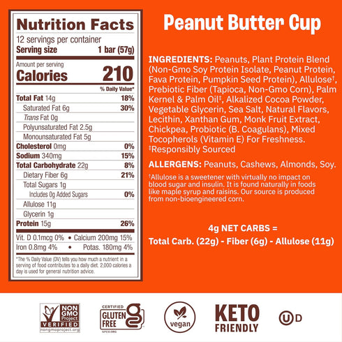 Pack 15g 1g 4g 12 Count Munk Peanut Butter Cup Probiotic Keto Protein Bars | Plant Protein, Sugar, Net Carbs | Non-GMO