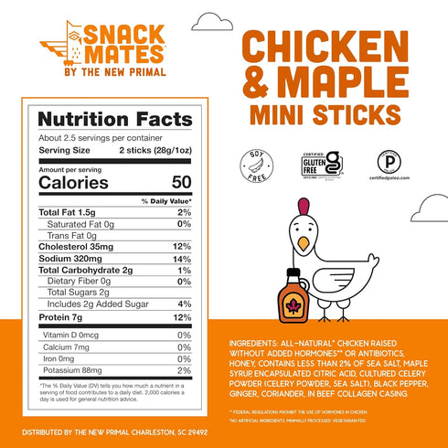 7g 50 40 Pack The New Primal Snack Mates Chicken & Maple Sticks, Gluten Free Healthy Snacks for Kids, Low Sugar High