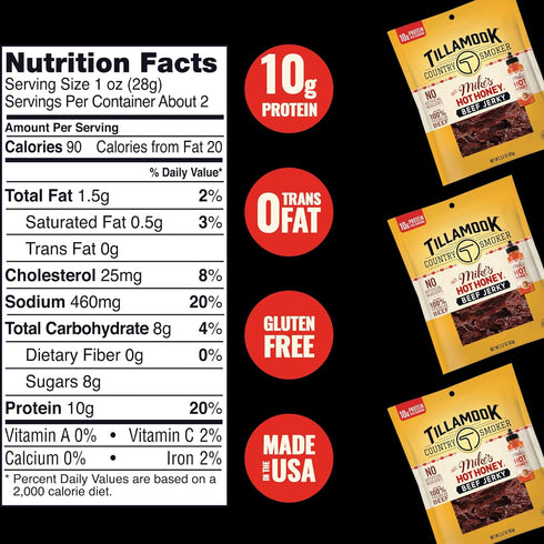 Country 2.2 Tillamook Smoker Premium Beef Jerky, Mike's Hot Honey, Ounce, Real Hardwood Smoked Beef, Low Carb, High