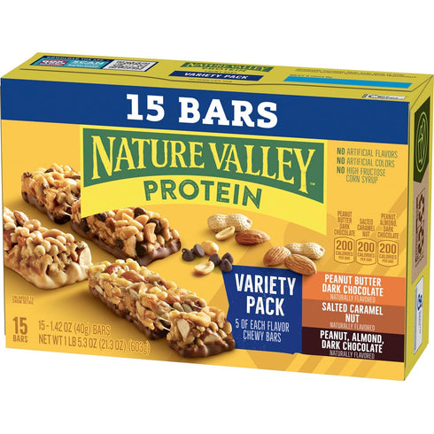 Pack, 10g 15 Count, 21.3 oz Nature Valley Protein Bars Variety Gluten Free Chewy Granola Snack Bars, Protein, Peanut